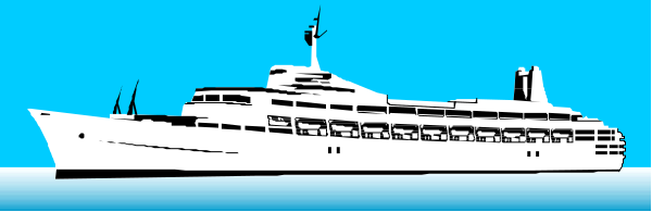 The image shows a large cruise ship on water with blue sky above it.