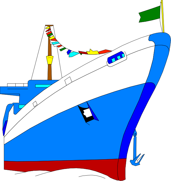 The image shows a colorful cartoon of an old blue boat with white trim docked at what appears to be nighttime in front of buildings that have flags hanging from them on poles next to it.