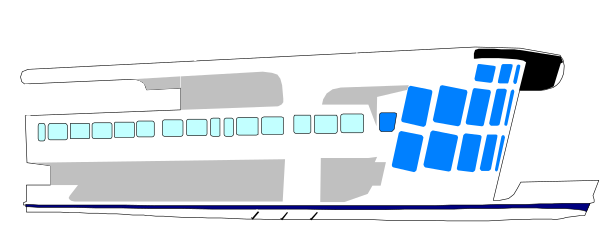 The image shows a black and white photo of an airplane with blue windows flying through clouds against a gray sky background.