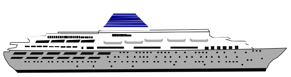 The image shows a cruise ship docked at port with an overcast sky above it.