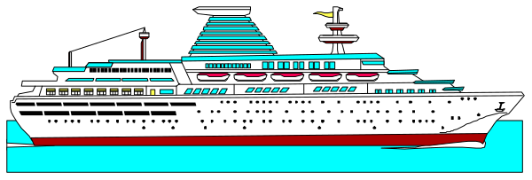 The image shows a cruise ship with multiple decks on water at nighttime against dark sky background.