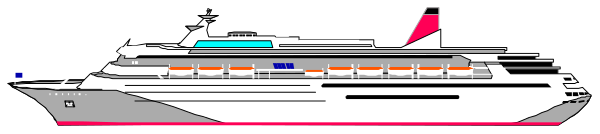 The image shows a large cruise ship with multiple decks against an overcast sky background.