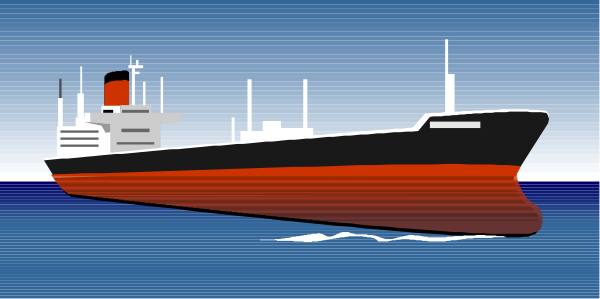 The image shows a stylized depiction of an ocean liner with red hull on blue water against a gray sky background.