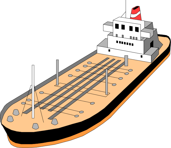 The illustration shows a ship with multiple masts on top of it sailing through water next to an island-like structure that has train tracks running across its surface.