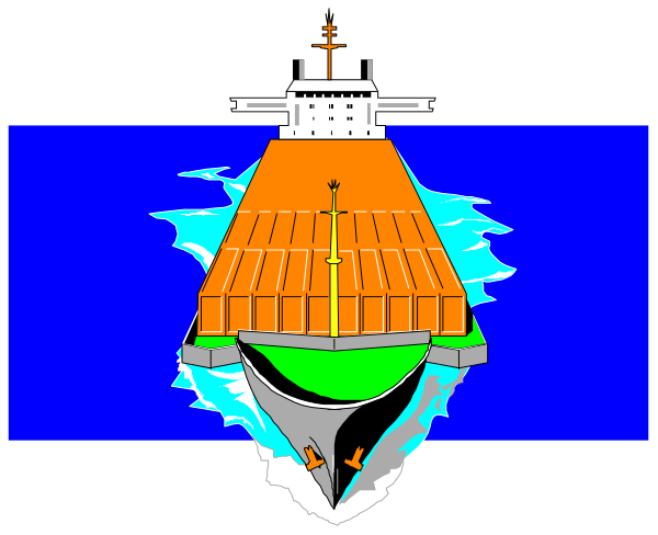 The image shows a cartoon of an orange cargo ship on water with blue sky background.