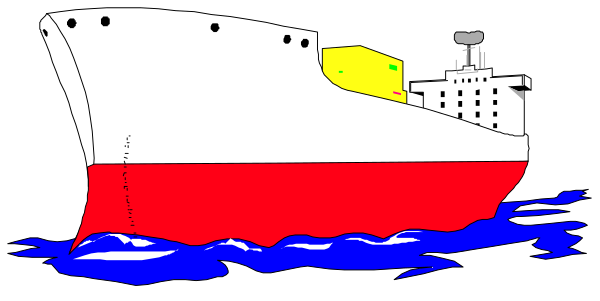 The image shows a large white ship with red trim on its side floating near land under clear skies during daylight hours.