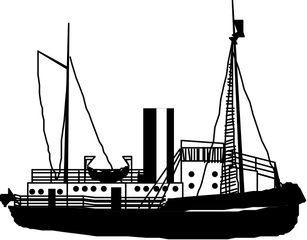 The black and white photo shows a ship with multiple levels of decks visible from an overhead perspective against a dark background.