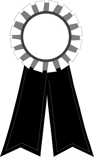 An award rosette with a blank white center, gray and white pleated edge, and two black ribbon tails.
