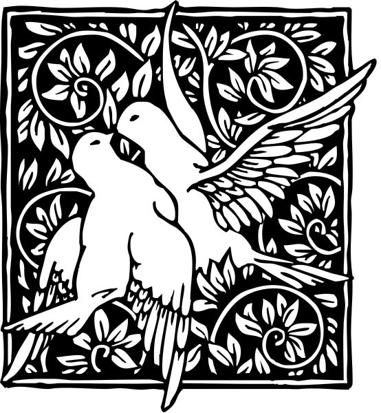 A black-and-white illustration of two birds surrounded by leaves, flowers, and swirling vines within a rectangular border.