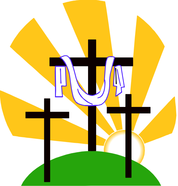 Three black crosses on a green hill with a white draped cloth over the center cross, a rising sun, and yellow rays radiating in the background.