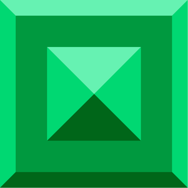A green beveled square with a central pyramid-like shape divided into shaded triangles.