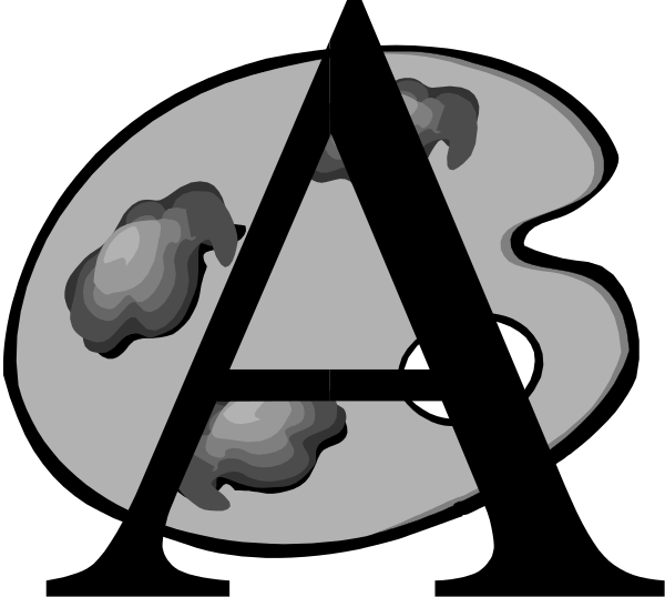A large black letter A overlaid on a gray artist's palette with dabs of paint and a thumb hole.