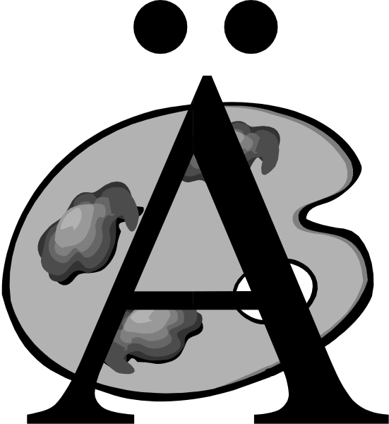 A capital letter A with a diaeresis overlaid on an artist's palette with dabs of paint.
