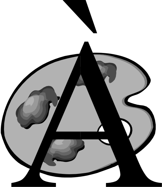 A black capital letter A overlaps an artist's palette with several blobs of paint and a small triangular shape above.