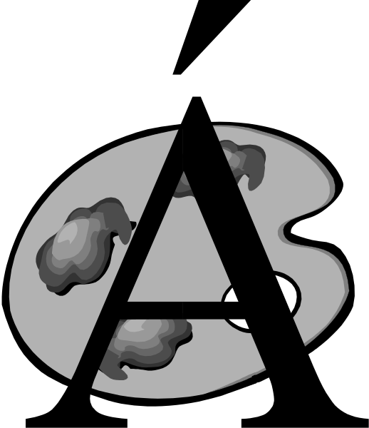 A gray artist's palette with dabs of paint, overlaid with a large black letter A and a diagonal mark above it.