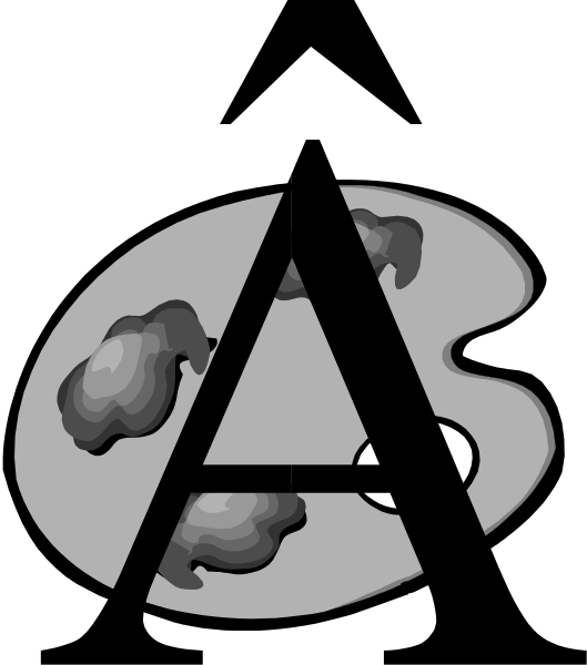 A large black letter A overlaps a gray artist's palette with dabs of paint and a thumb hole, topped by a black arrowhead shape.