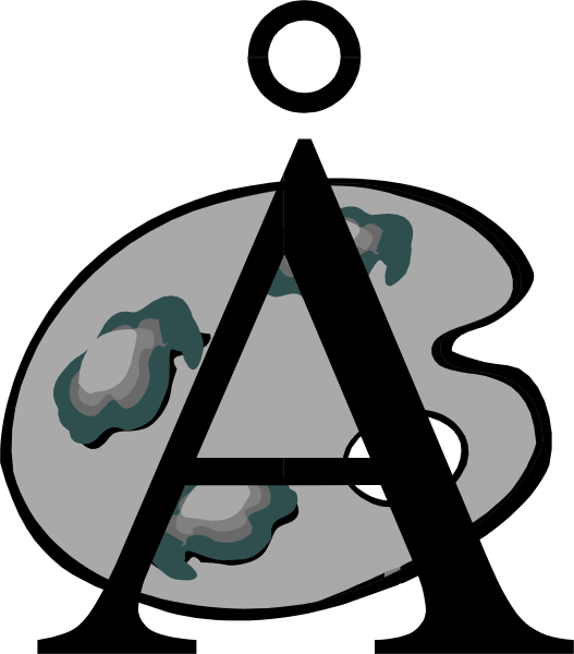 A gray artist's palette with dark paint blobs, overlaid with a large black letter A and a small ring shape above.