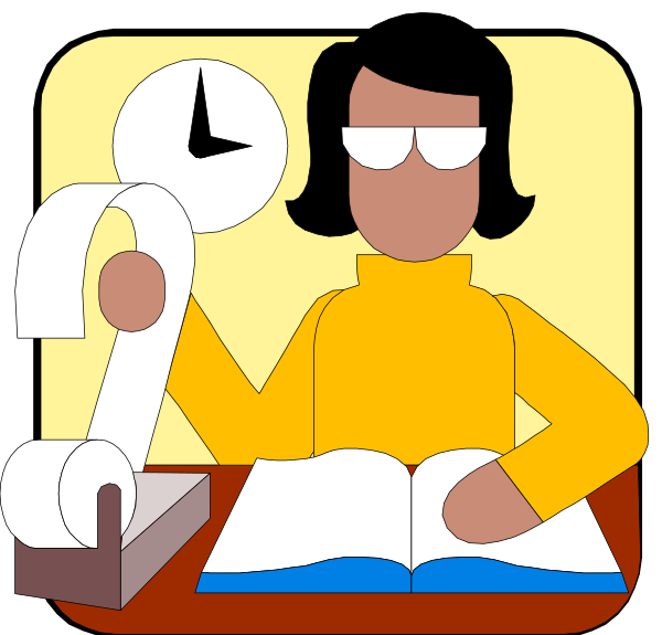 A person in a yellow turtleneck with an open book, a clock, and a roll of paper on a desk.