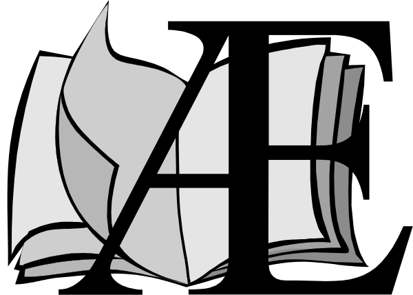 An open book with fanned pages overlaid with the black letters A, E, and C.