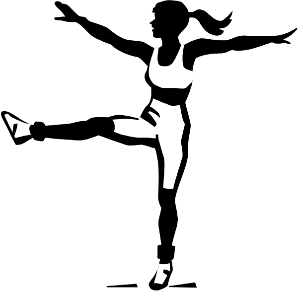 A black-and-white silhouette of a woman with a ponytail balancing on one leg with arms outstretched and one leg extended.