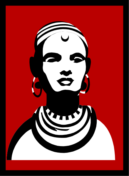 A stylized black and white portrait of a woman wearing hoop earrings, a beaded necklace, and a head wrap with a crescent shape on the forehead, set against a red background with a black border.