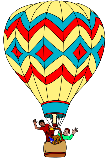 A hot air balloon with a yellow, red, and blue patterned envelope carrying three people and a dog in the basket.