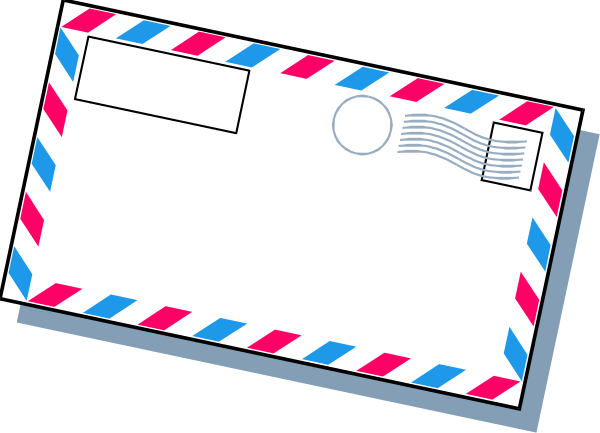 An airmail envelope with a red and blue striped border, a blank address box, a circular postmark, wavy cancellation lines, and a stamp box.