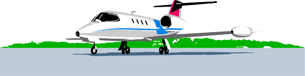 A white private jet aircraft with blue and pink markings sits on a runway with grass in the background.