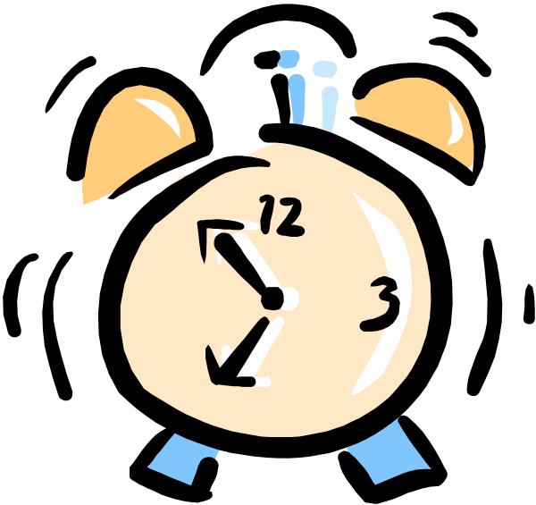 A ringing alarm clock with two orange bells, blue feet, and the numbers 12 and 3 on its face.