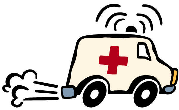 The image shows an ambulance with a red cross on its side parked at night under dark skies against what appears to be a building facade in front of which there is no text present.