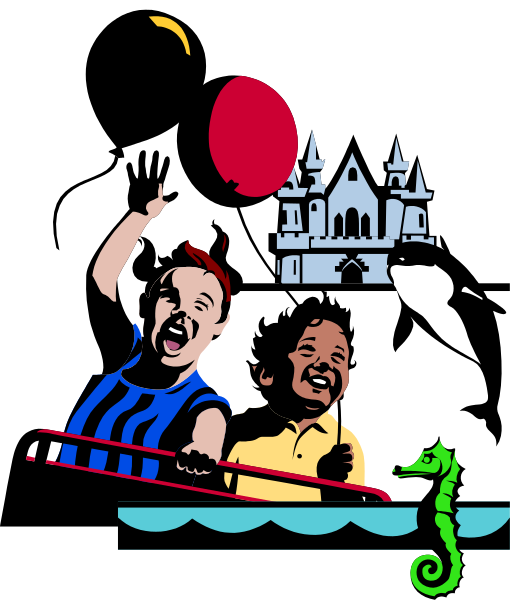 The image depicts a cartoon of two children on an inflatable raft with balloons floating above them; there is also a castle in the background under which appears to be water.