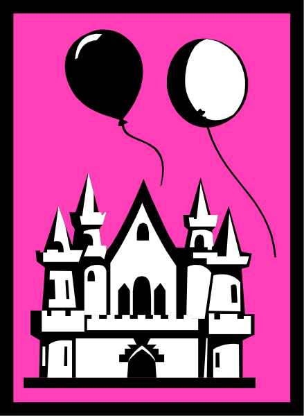 The image shows a pink castle with two balloons floating above it on either side of an archway entrance; there is no text present in this clip-art illustration.