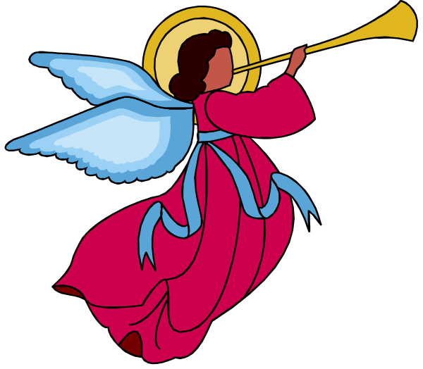 The image shows a cartoon of an angel playing trumpets while floating on clouds with wings spread wide against a dark background.