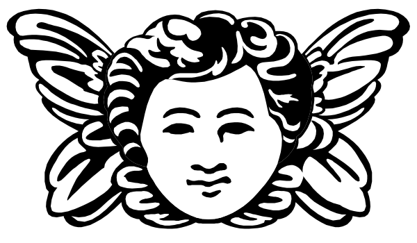 The black and white silhouette of a cherub with wings on its back is shown against an unidentified background in this clip-art image.