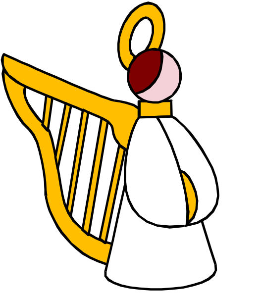 The image shows a cartoon depiction of an angel with wings holding a harp, set against a black background.