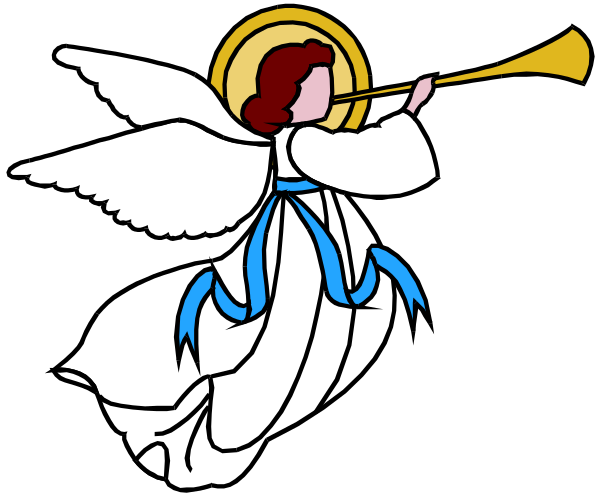 The image shows a cartoon of an angel playing trumpet with wings spread wide against black background.