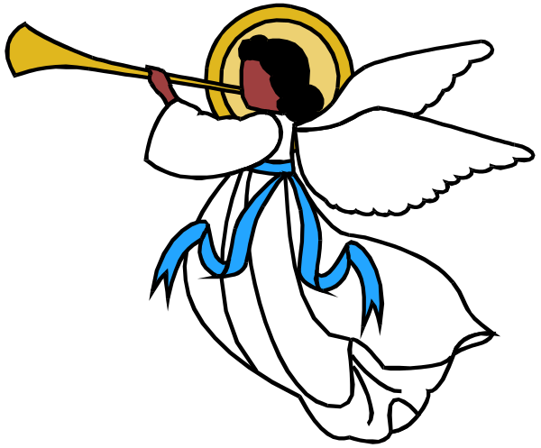The image shows a cartoon of an angel playing trumpet with wings spread wide against a dark background.