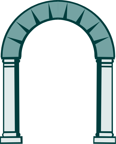 The image shows a stylized archway with an arched top featuring two columns on either side of it against a dark background.