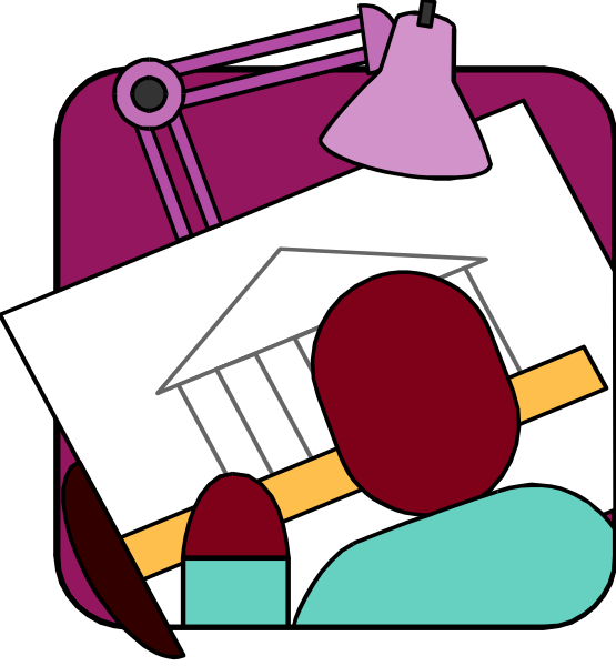 The illustration depicts a person sitting at an easel with paperwork spread out on it; there's also a lamp nearby that is turned off.
