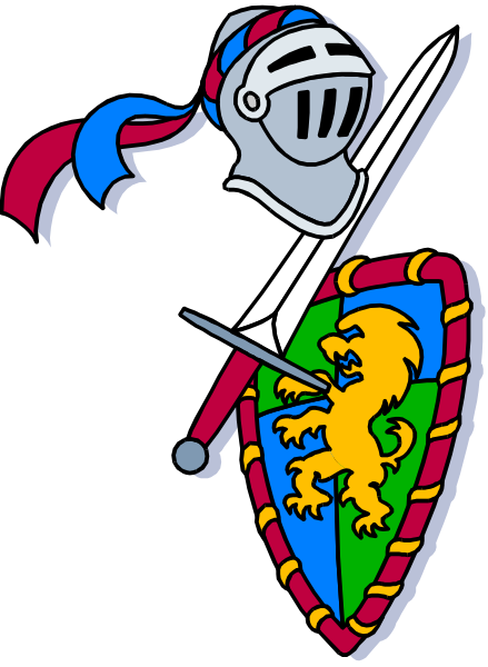 The emblem features a knight with crossed swords on either side of his shield, which is adorned by two lions' heads facing each other atop it; above him floats an eagle clutching arrows in its talons and below them rests another lion rampant.