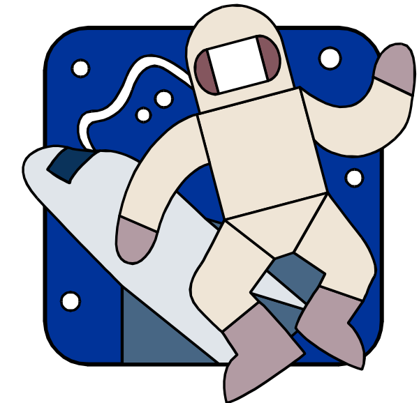 The image shows a cartoon of an astronaut riding on top of what appears to be a surfboard with stars in space as background elements.