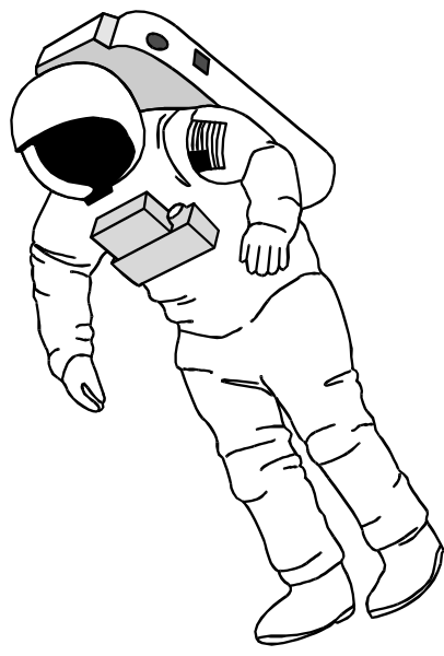 The black and white illustration shows an astronaut floating through space with a box of pizza attached to their suit's chest pocket.
