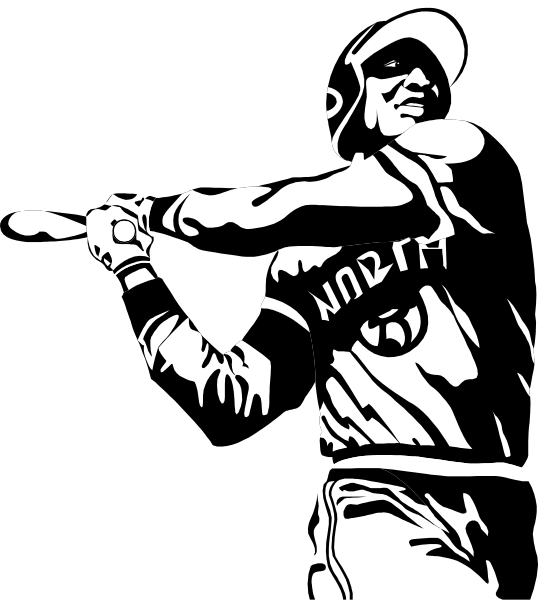 The black and white illustration depicts a baseball player holding a bat with both hands at his side while standing on what appears to be home plate in front of an audience.