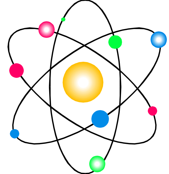 The image shows a scientific diagram of an atom with electrons orbiting around it on different energy levels within its nucleus, set against a dark background.
