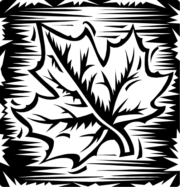 The black and white illustration features a maple leaf with veins that resemble tree branches against an abstract background.