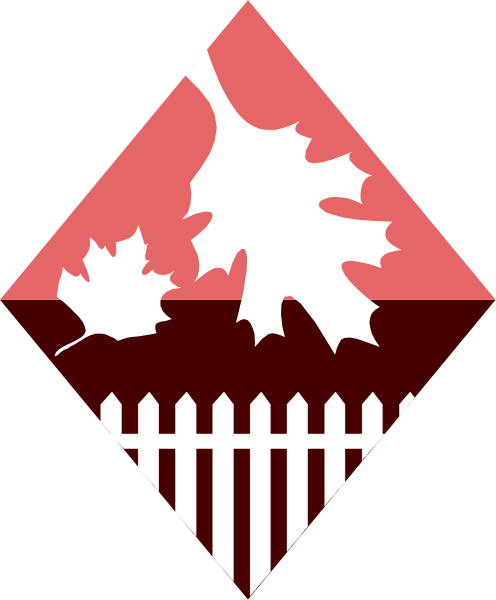 The image shows a stylized graphic with an emblem that includes red maple leaves on either side of what appears to be a shield-like design in white at its center; above this central figure is another smaller leaf, and below it there's a banner or ribbon displaying the word "CANADA" along one edge. The background has two vertical black bars with red borders framing an image that seems like a maple tree silhouette on top of what looks to be snow-covered ground; above this is another smaller leaf, and below it there's