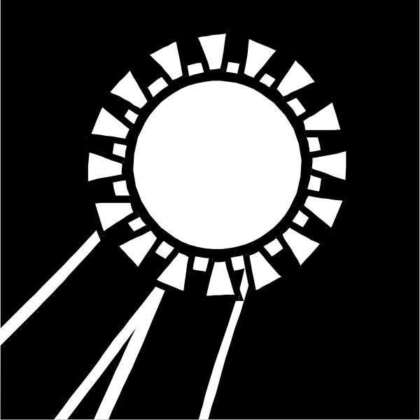 The black and white silhouette of a sun with rays emanating from it against an empty background.