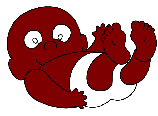 The image shows a cartoon of an infant with red hair being held by two hands; there is no text present within this small clip-art illustration.