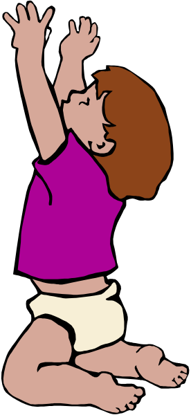 The image shows a cartoon of an infant reaching out with their arms raised while sitting on what appears to be a floor.