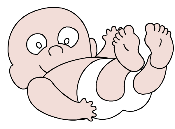 The image shows a cartoon of an infant lying on its back with feet raised to the air as if kicking outwardly while looking upwards towards something above it.